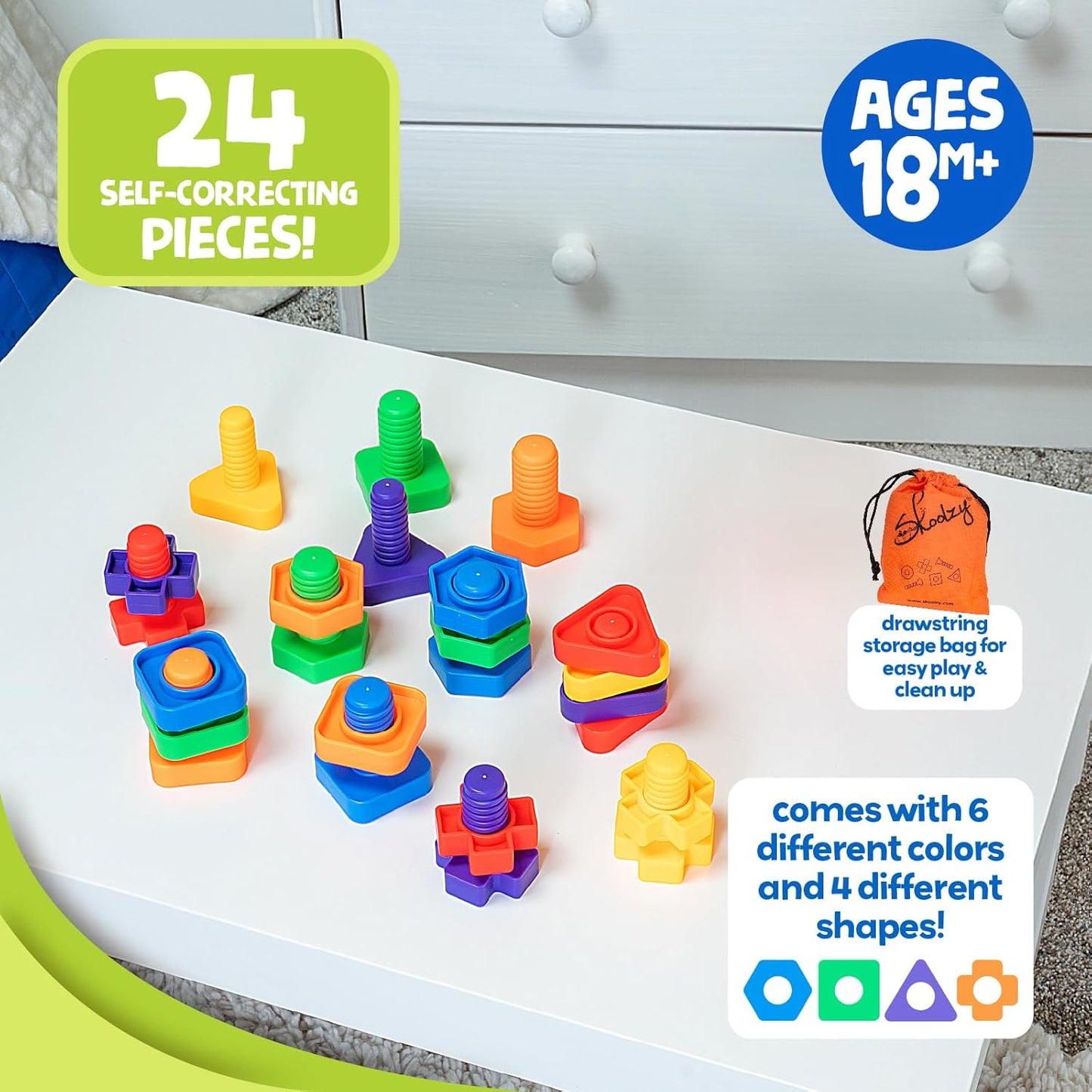 24 Pc Jumbo Nuts and Bolts - STEM Motor Skills & Therapy Activity Set for Kids & Seniors