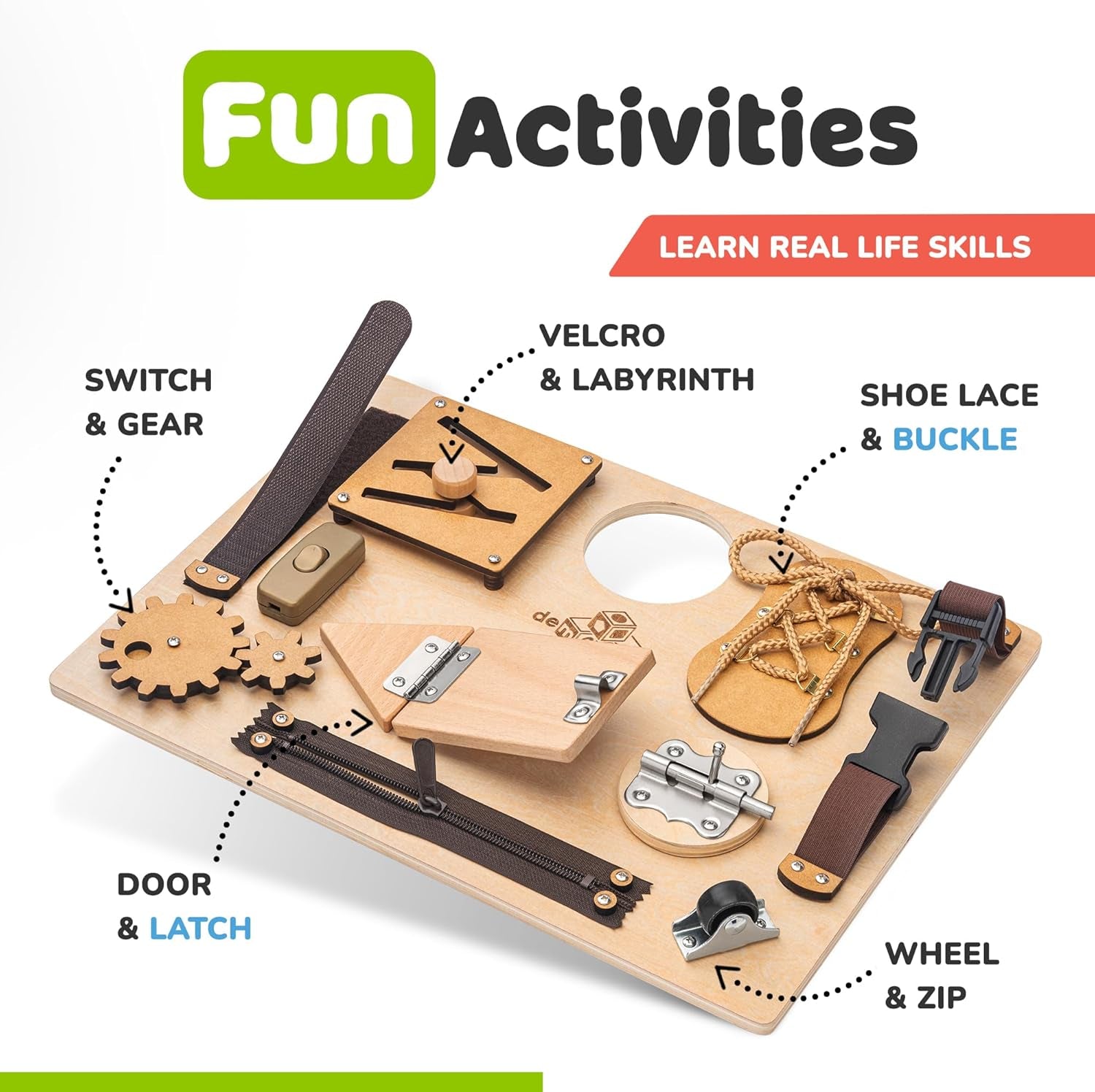 Sensory Busy Board for Toddlers, Premium Wooden Toddler Busy Board for 1 2 3 Year Old with 10 Educational Activities for Fine Motor Skills, Fidget Activity Toy for Travel