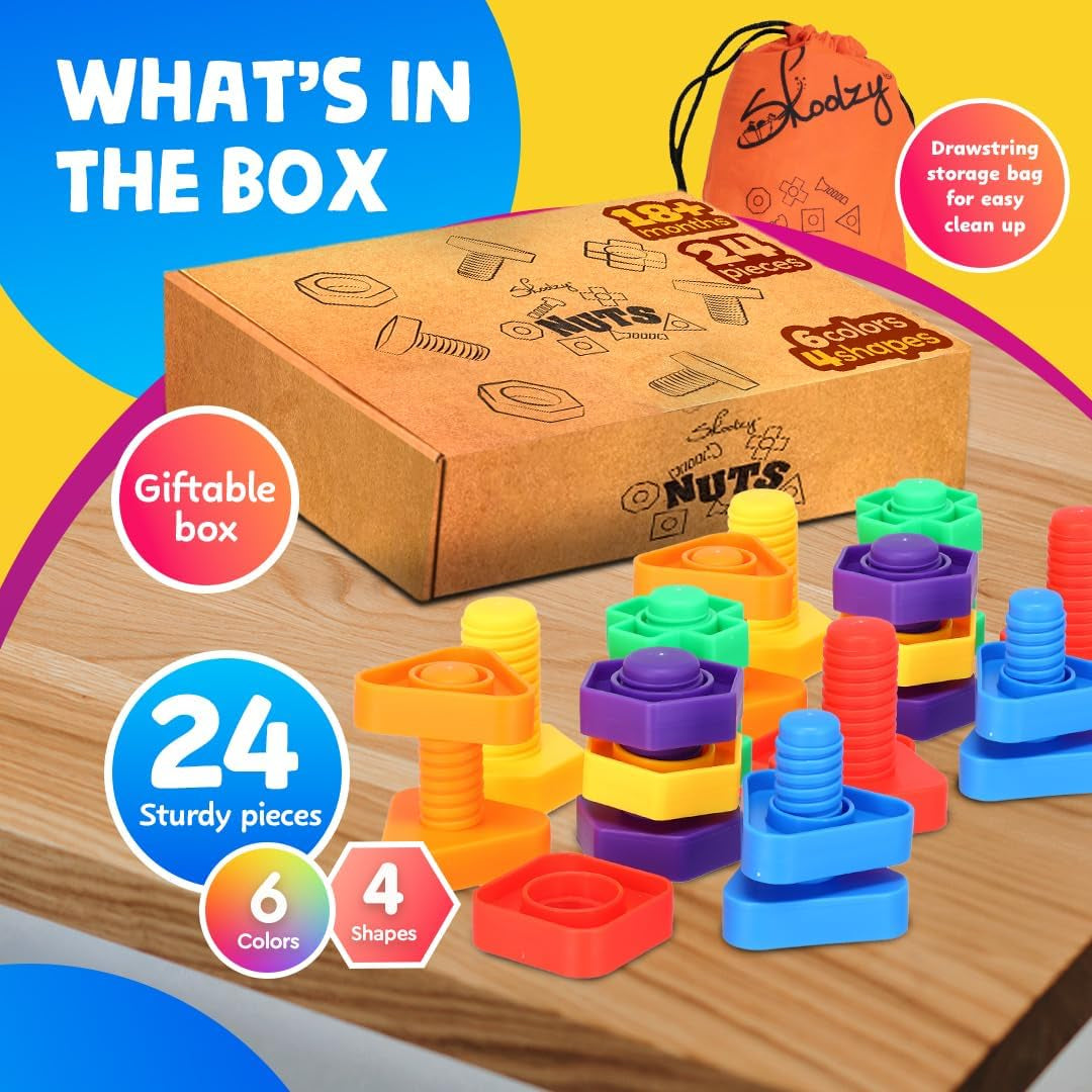 24-Piece Nuts and Bolts - Montessori Motor Skill Set for 18 Month+ Kids with Ebook