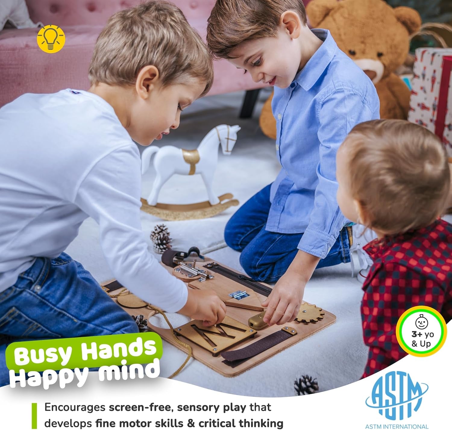 Sensory Busy Board for Toddlers, Premium Wooden Toddler Busy Board for 1 2 3 Year Old with 10 Educational Activities for Fine Motor Skills, Fidget Activity Toy for Travel