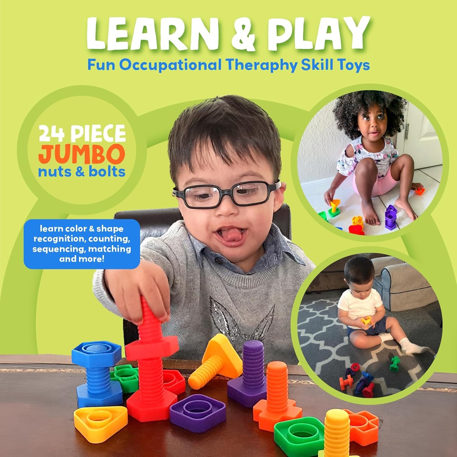 24 Pc Jumbo Nuts and Bolts - STEM Motor Skills & Therapy Activity Set for Kids & Seniors