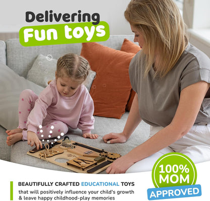 Sensory Busy Board for Toddlers, Premium Wooden Toddler Busy Board for 1 2 3 Year Old with 10 Educational Activities for Fine Motor Skills, Fidget Activity Toy for Travel