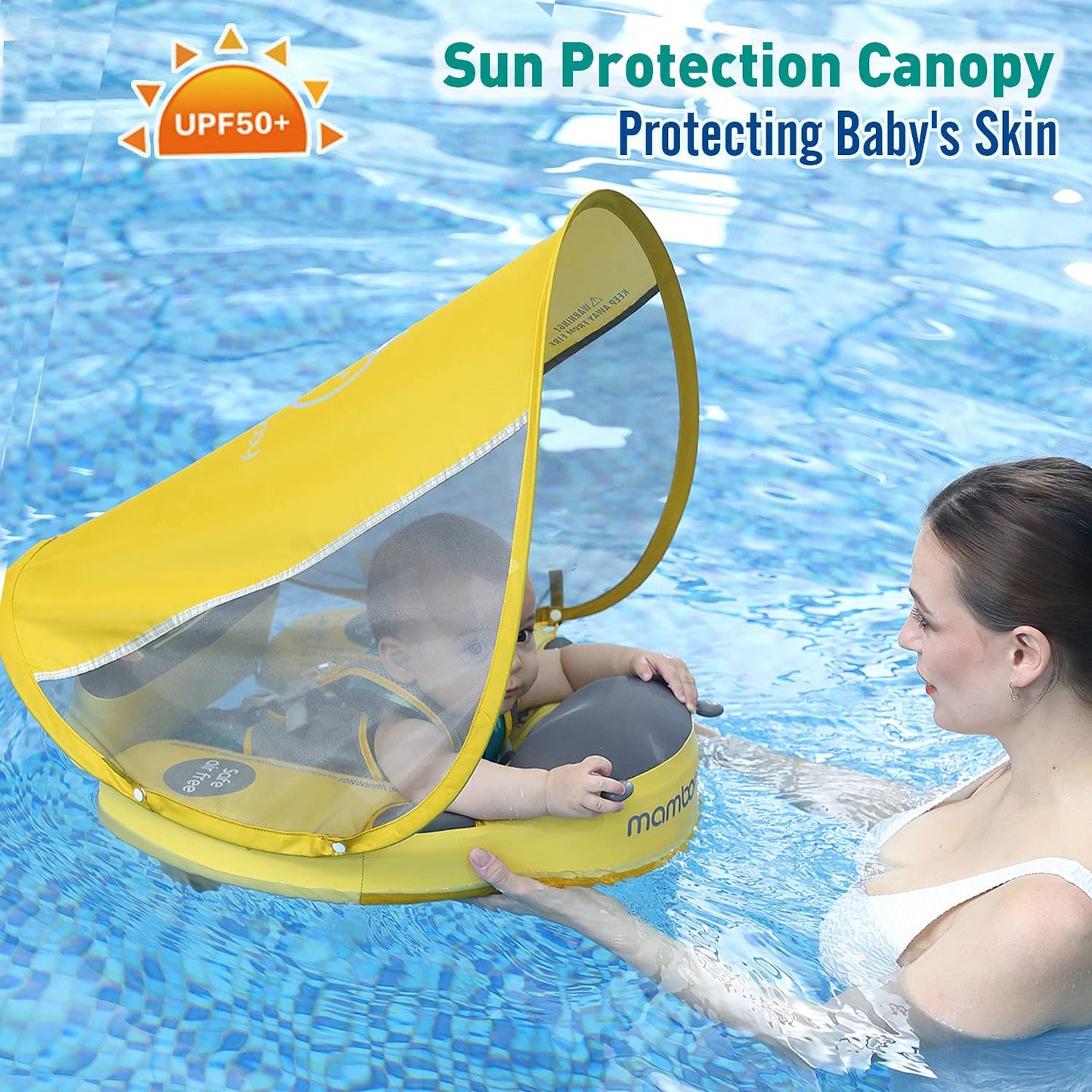 Upgraded Baby Float Non-Inflatable baby Swim Ring, Infant Soft Solid Swimming Trainer, Baby Pool Float with Removable UPF 50+ UV Sun Protection Canopy (Pink Ladybug)