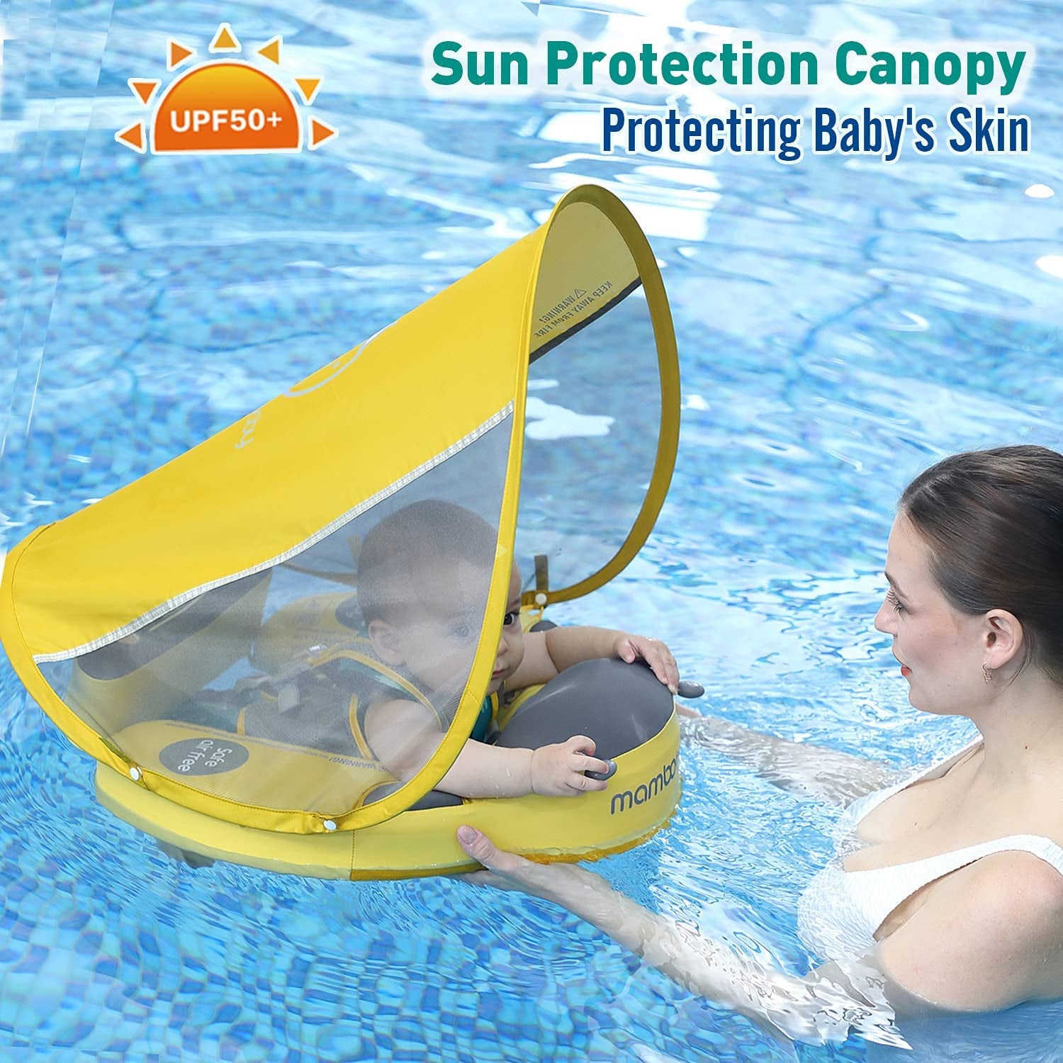 Upgraded Baby Float Non-Inflatable baby Swim Ring, Infant Soft Solid Swimming Trainer, Baby Pool Float with Removable UPF 50+ UV Sun Protection Canopy (Pink Ladybug)