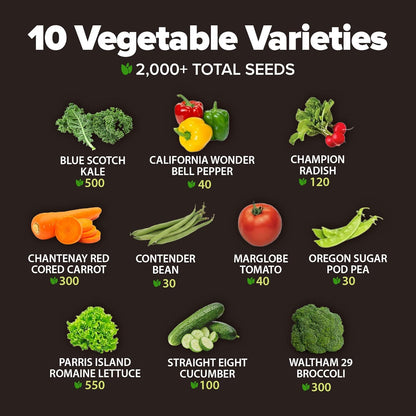 Premium Usa-Grown Vegetable Seeds - 10 Variety Pack with 2,000+ Non-Gmo Heirloom Seeds for Planting - Garden Vegetable Seeds for Indoor & Outdoor Planting - Survival Seed Vault Kit