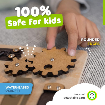 Sensory Busy Board for Toddlers, Premium Wooden Toddler Busy Board for 1 2 3 Year Old with 10 Educational Activities for Fine Motor Skills, Fidget Activity Toy for Travel