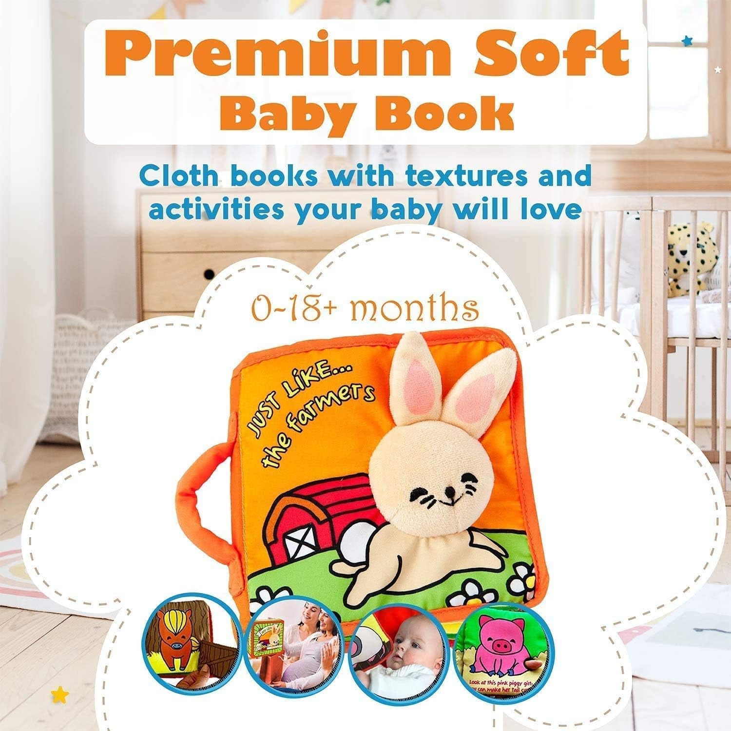 Stimulating Baby Books 0-6 Months and 6-12 Months Infants - Crinkle Books for Babies - Toys Gift for 1 Year Old - Soft Cloth Farm Animals Books for Baby