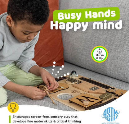 Sensory Busy Board for Toddlers, Premium Wooden Toddler Busy Board for 1 2 3 Year Old with 10 Educational Activities for Fine Motor Skills, Fidget Activity Toy for Travel