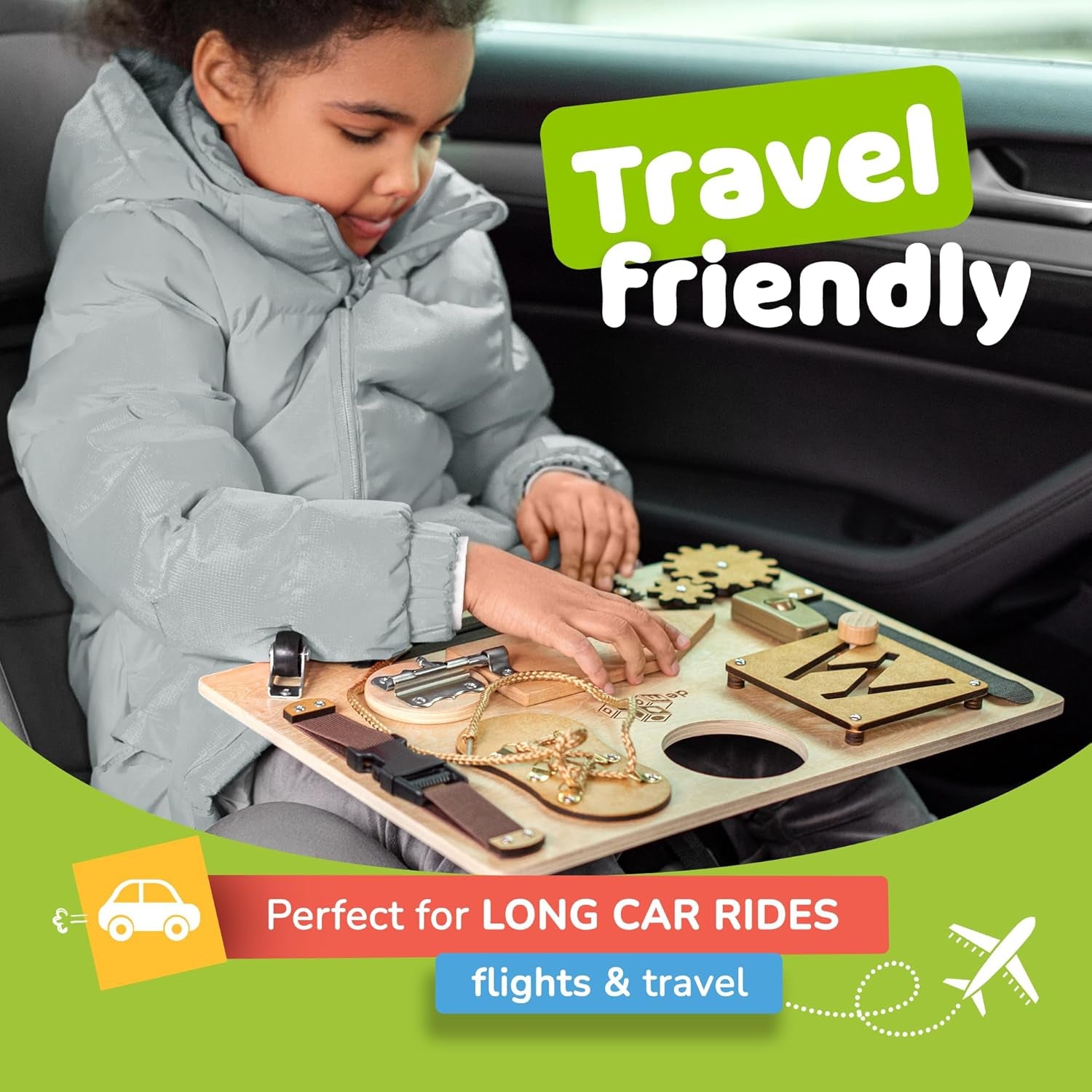 Sensory Busy Board for Toddlers, Premium Wooden Toddler Busy Board for 1 2 3 Year Old with 10 Educational Activities for Fine Motor Skills, Fidget Activity Toy for Travel